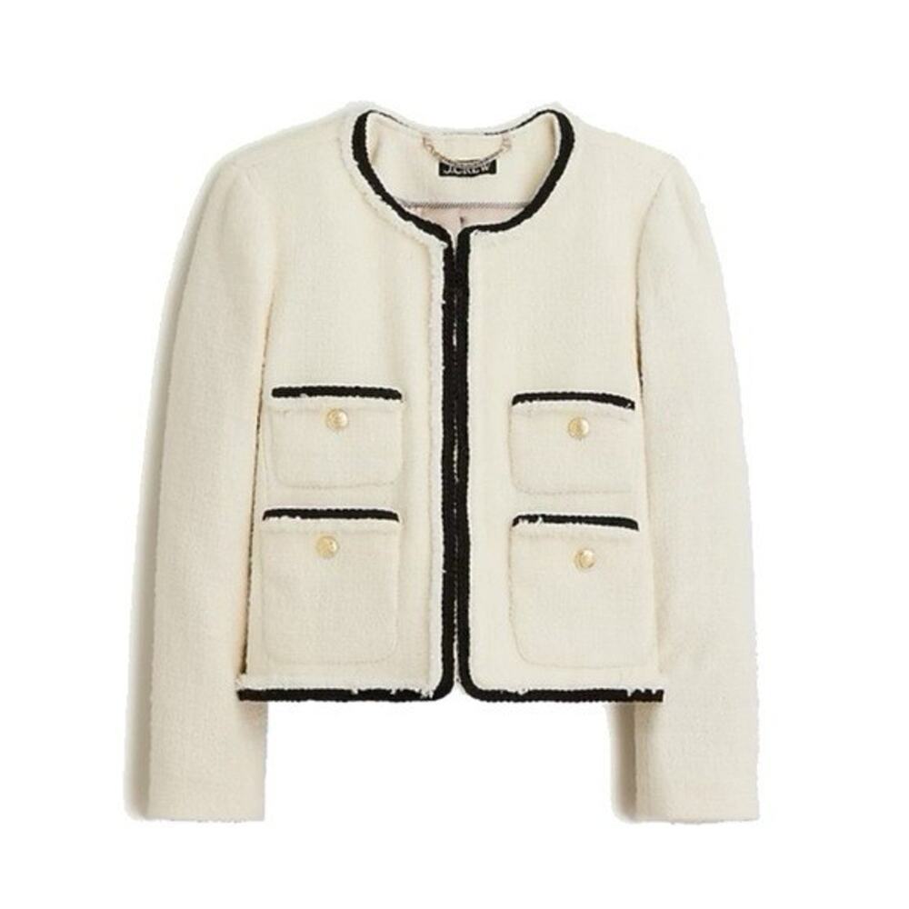 J.Crew Frances Lady Jacket in Ivory Tweed with Black Trim Gold Buttons SZ 22 - Picture 1 of 14
